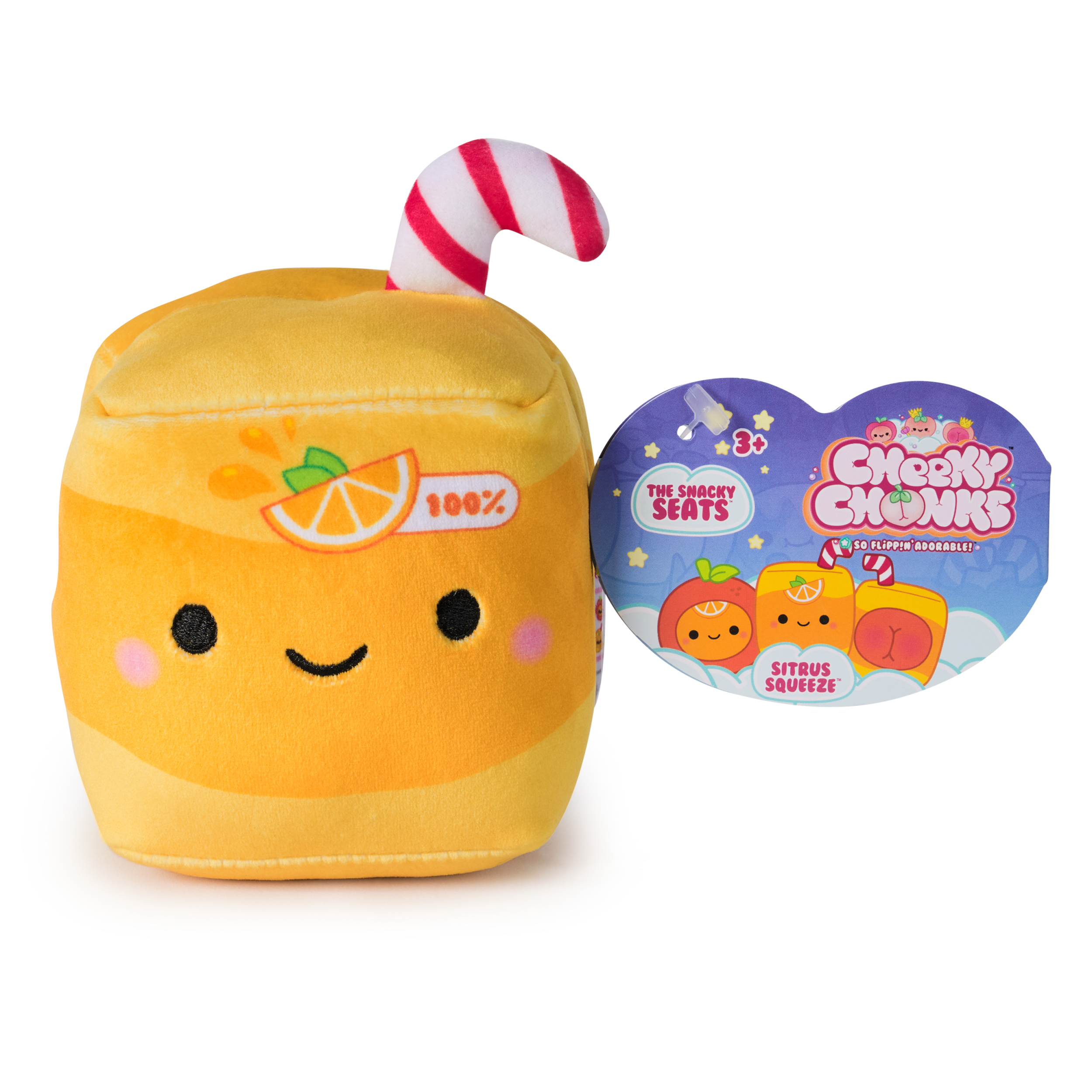 Cheeky Chonks Sitrus Squeeze Reversible Plush, Food Plushies, Juice Box Plush, Orange Juice Stuffed Animal Plush Toy for Ages 3 and Up, Orange, 4.5” by SPIN MASTER TOYS