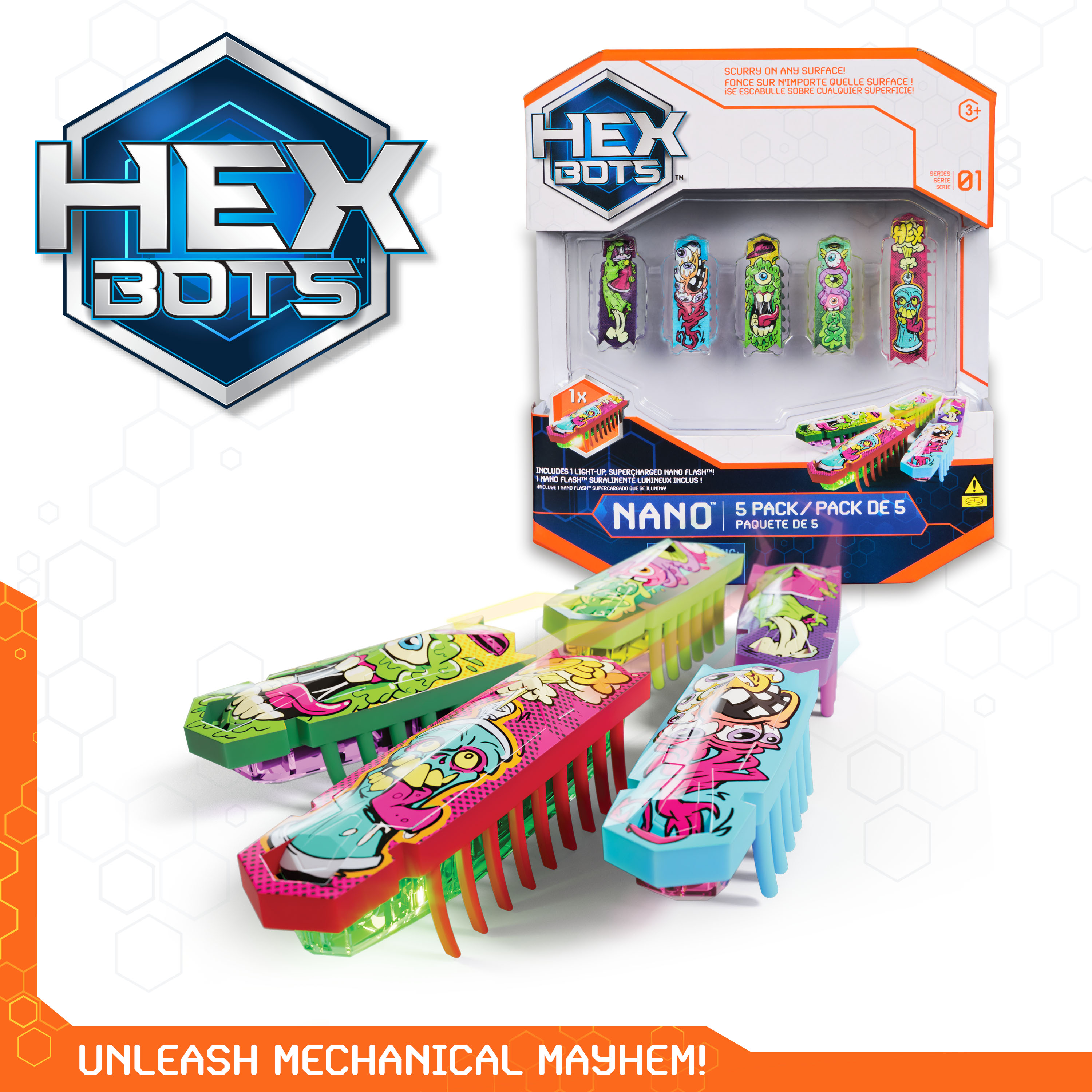 HEX BOTS Flash Nano Single – Robot Insecte Vibrant, Capteur Sensoriel Pour Enfants Et Chats, 1.5x Plus Long, 2x Plus Rapide, Lumineux