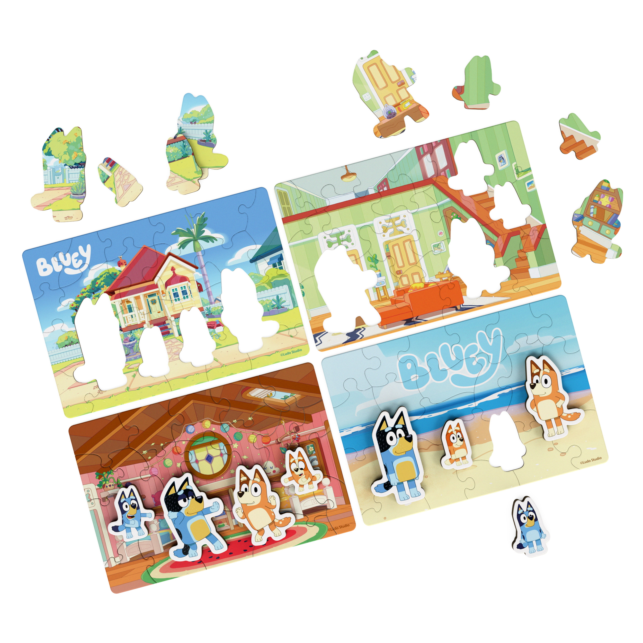 Bluey, 4-Pack of Wooden Puzzles with Bingo, Mum, and Dad