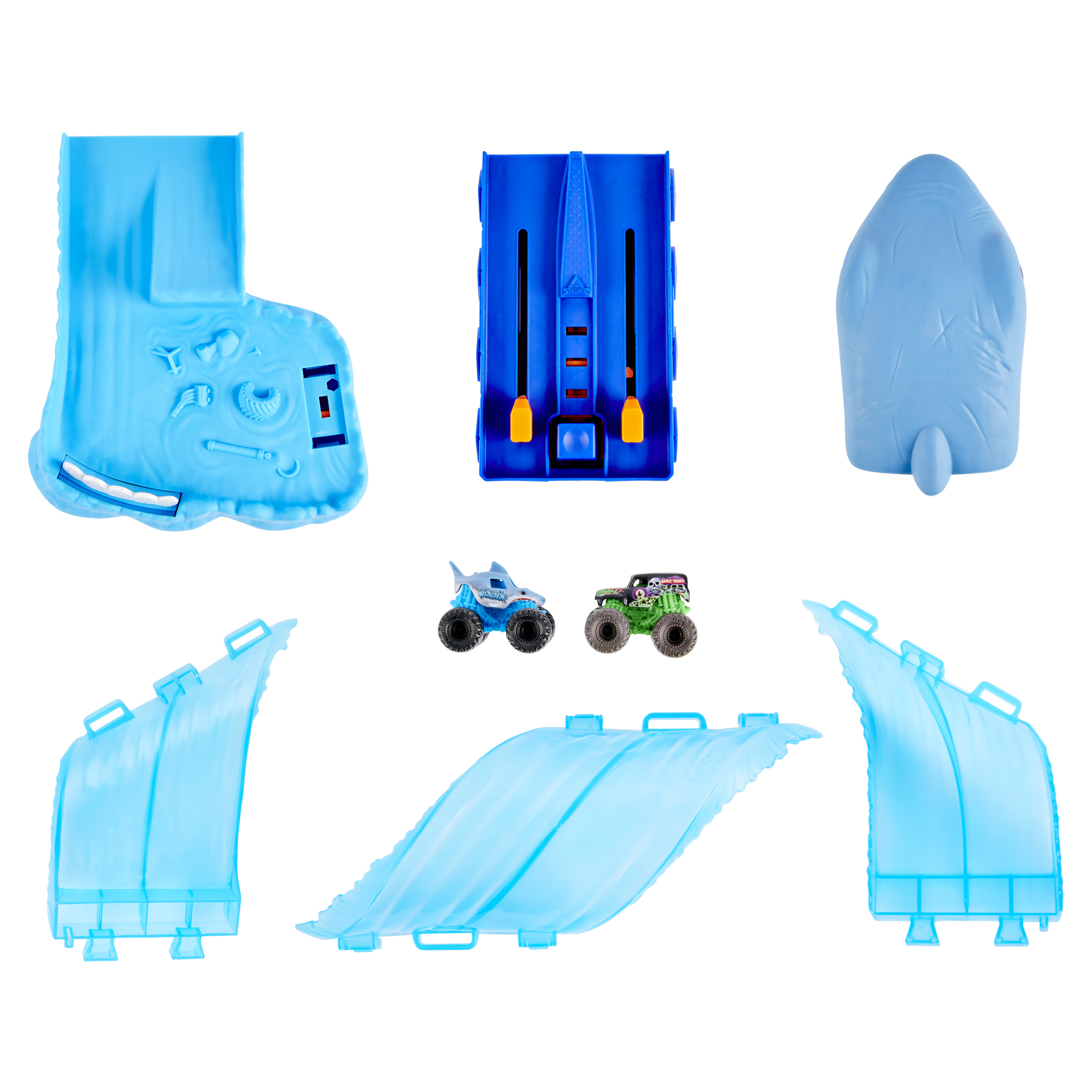 Monster Jam, Mini Megalodon Race and Chomp Playset with 2