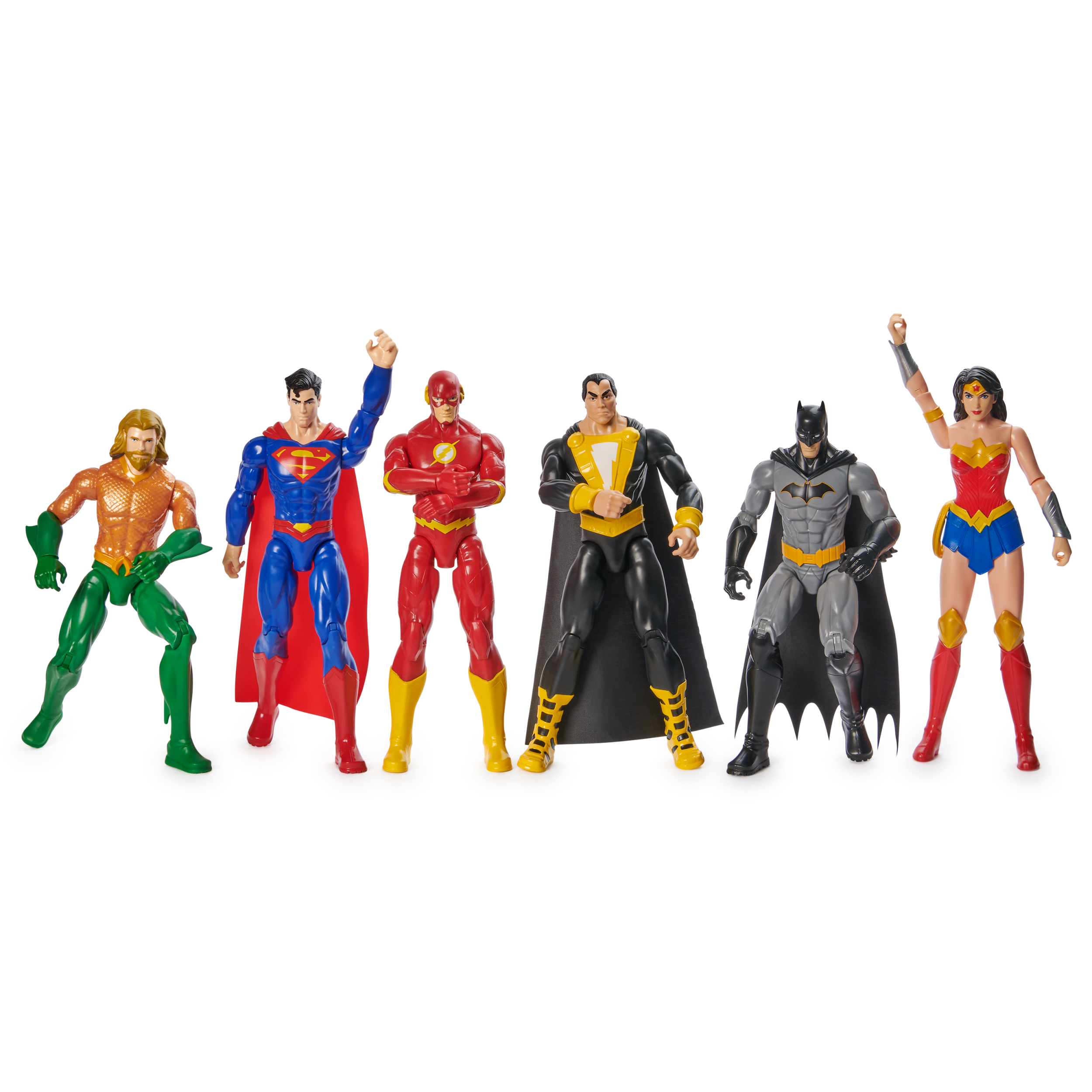 DC Comics Action Figures 6 Pack Aquaman Superman The Flash Black Adam Batman Wonder Woman 12 inch Collectible Superhero Kids Toys for Boys and Girls Ages 3 Spin Master
